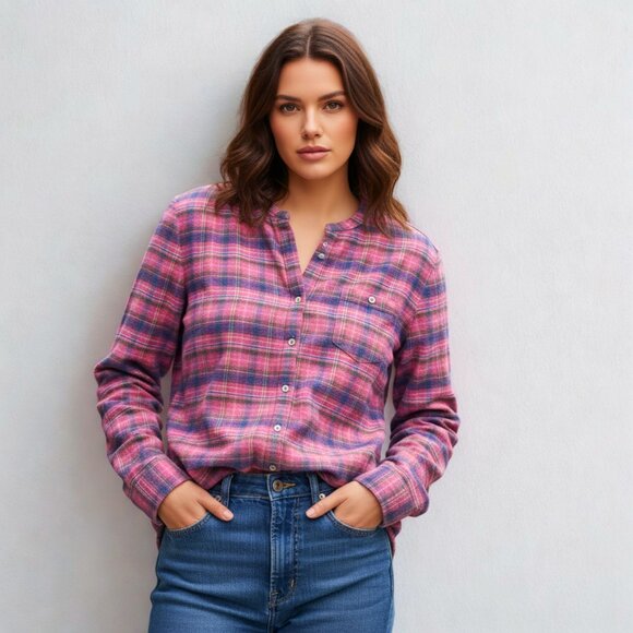 L.L.Bean Women Pink&Blue Plaid Flannel Shirt Collarless Neckline Preppy Western - Picture 1 of 14